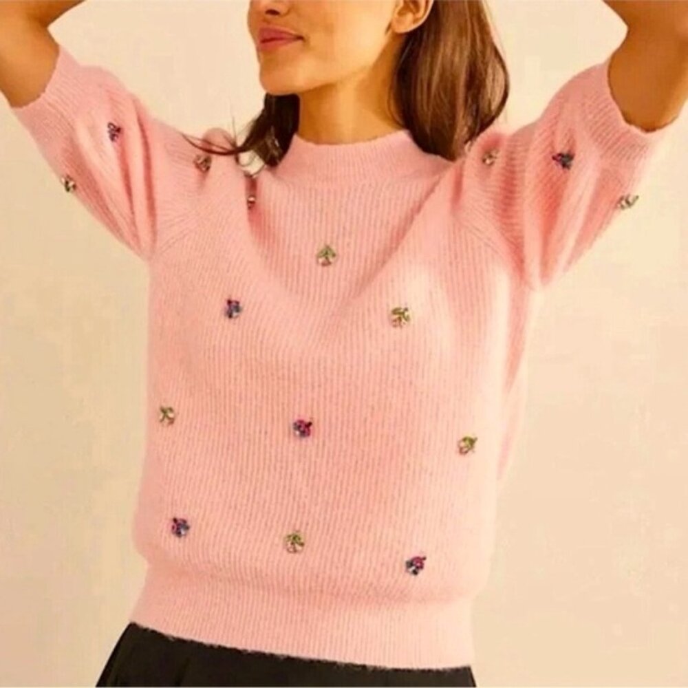 Boden pink short sleeve sweater with butterfly embellishment